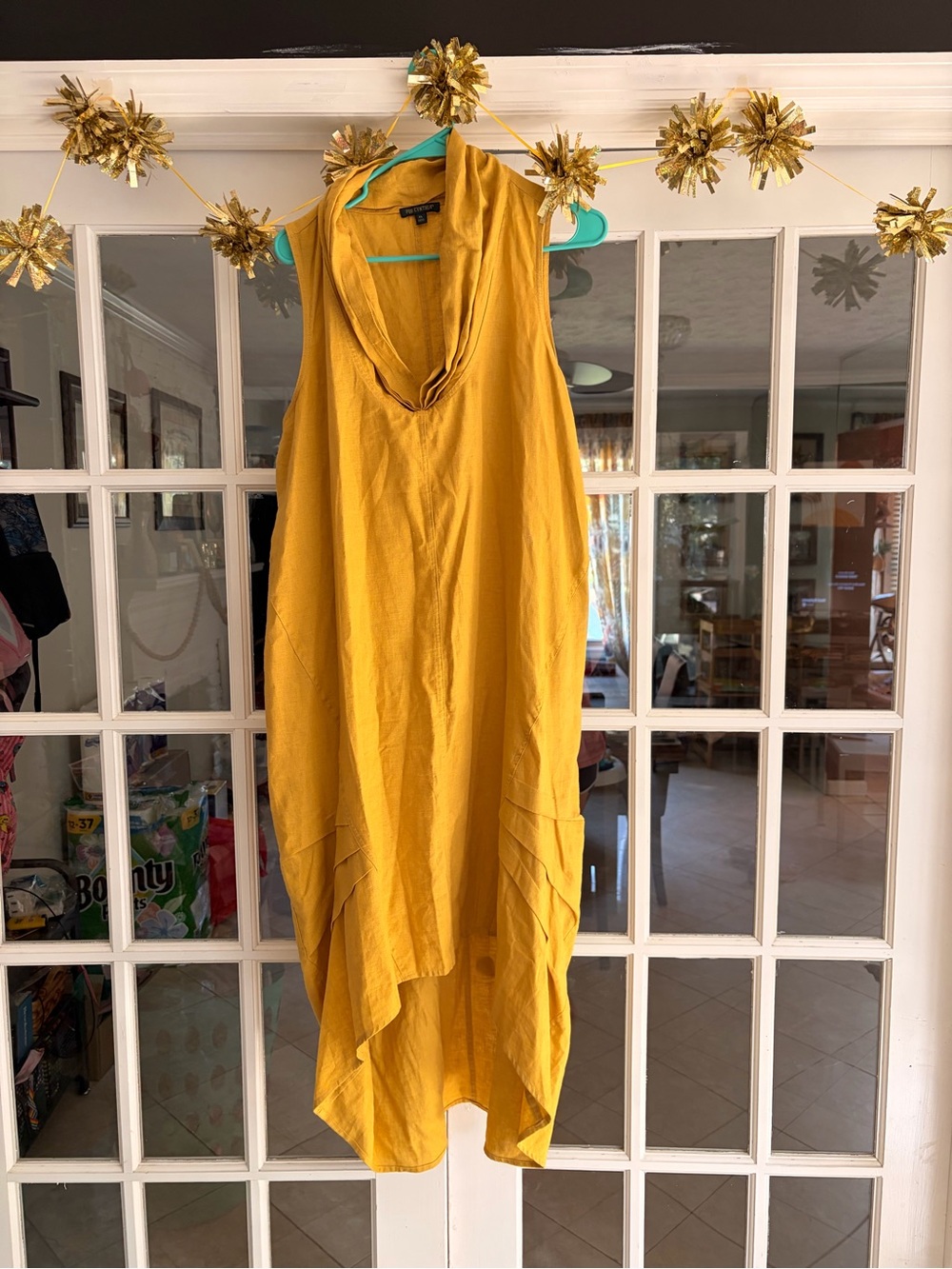 For Cynthia Sleeveless Cowl-Neck Mustard High-Low Linen Dress